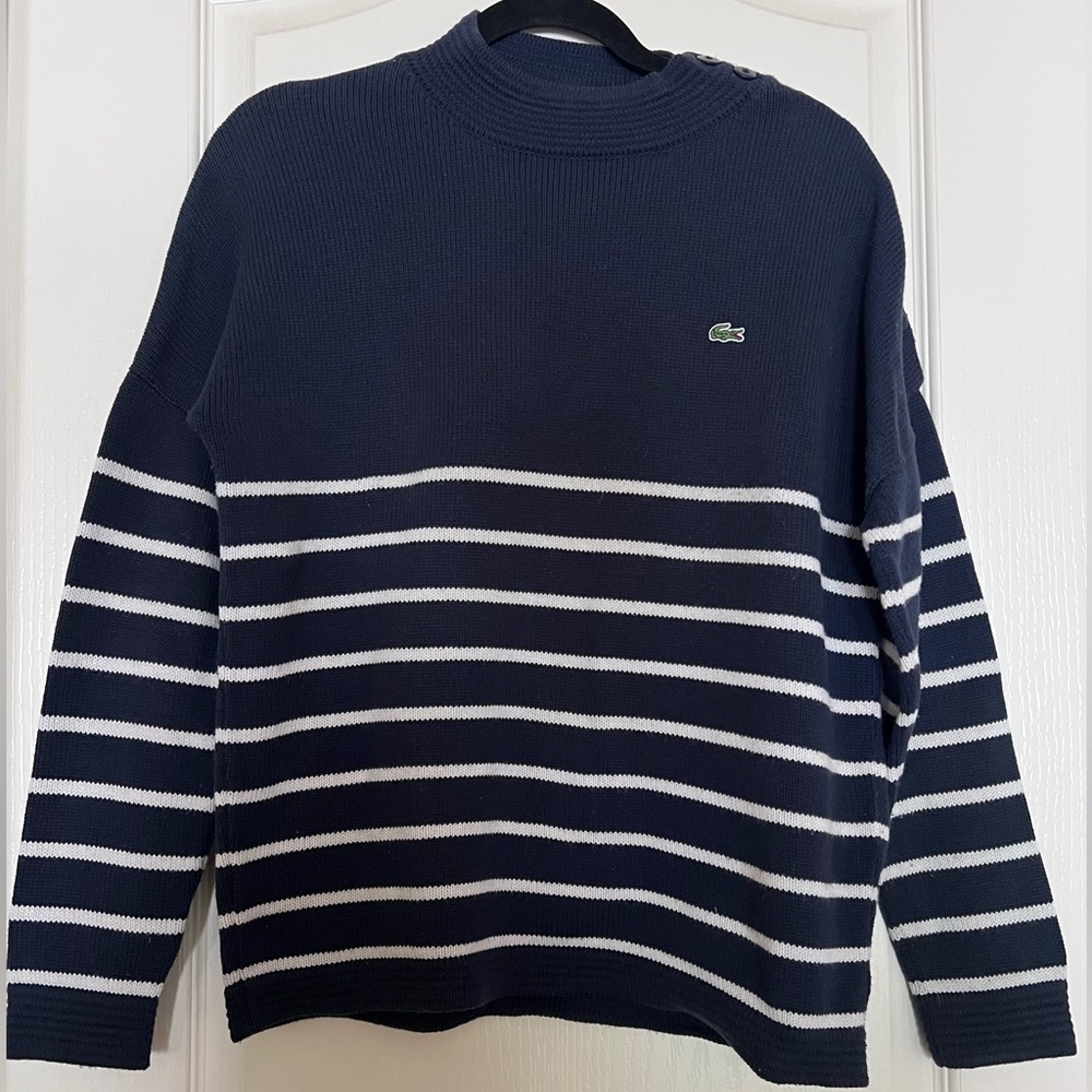 Lacoste Navy Striped Side Button Crewneck Sweater Womens Size 44 L/XL